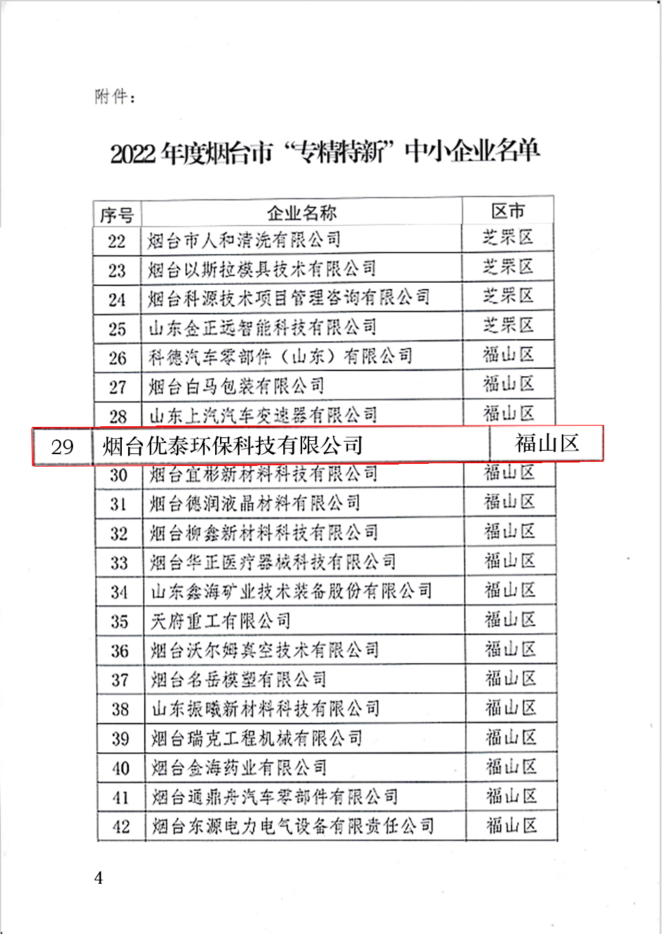 喜報(bào)|煙臺優(yōu)泰環(huán)?？萍加邢薰就ㄟ^2022年度煙臺市“專精特新“中小企業(yè)認(rèn)定！(圖4)